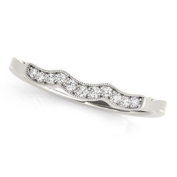 14K white gold wave style milgrained diamond wedding band with 11 round prong-set diamonds and scalloped antique border, white background