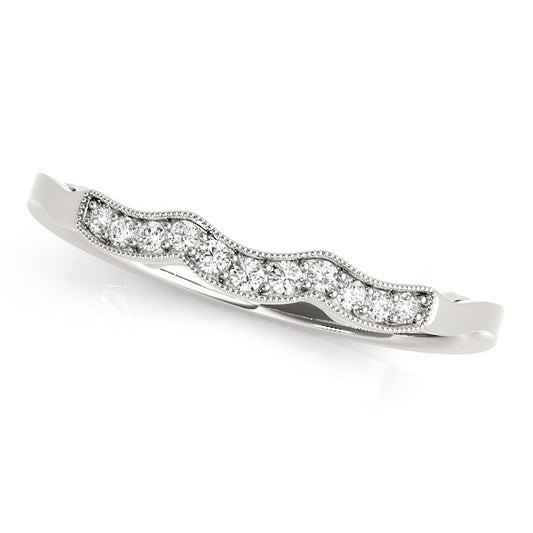 14K white gold wave style milgrained diamond wedding band with 11 round prong-set diamonds and scalloped antique border, white background