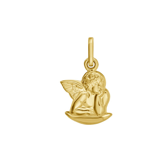 14K yellow gold polished cherub angel charm pendant with wing detail and bail ring, studio white background