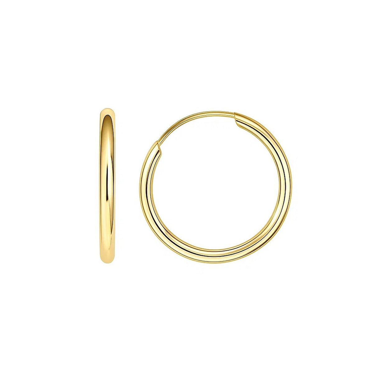 Solid 10k yellow gold endless hoop earrings 1.5x14mm on plain studio background