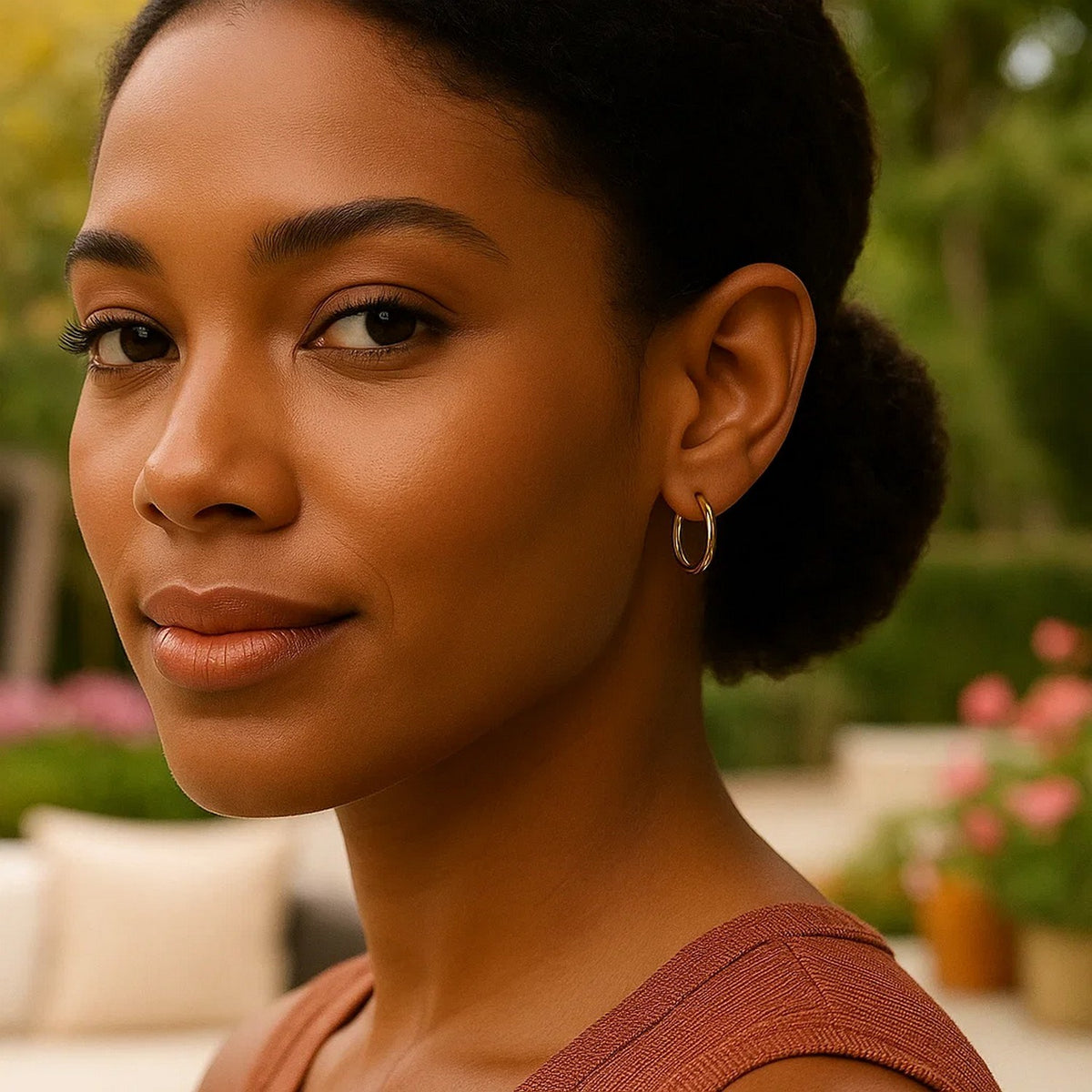 Model wearing 10k yellow gold endless hoop earring in ear lobe piercing