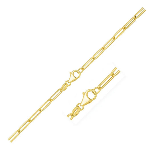 10K yellow gold paperclip bracelet with lobster clasp, 2.5mm rectangular link chain, studio white background