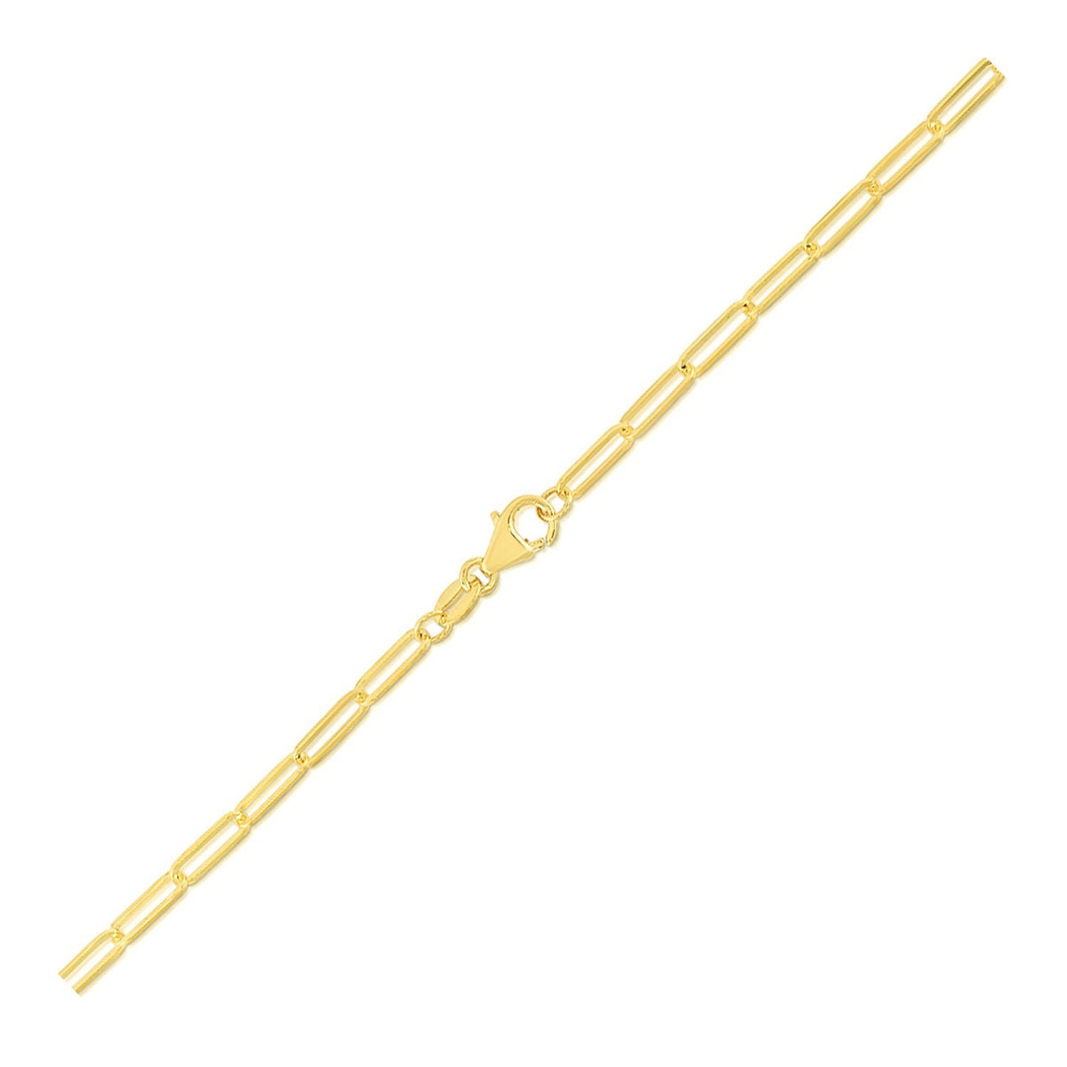 Close-up of 10K yellow gold paperclip bracelet showing 2.5mm elongated rectangular links and lobster clasp detail