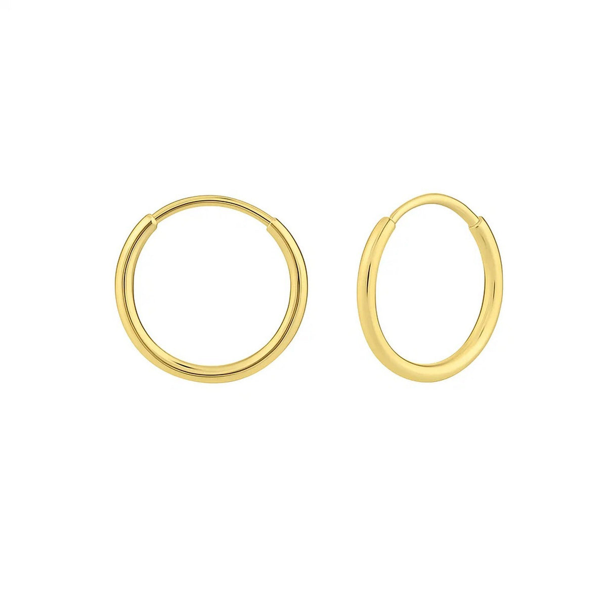 Savannah Lane Jewelry 10K yellow gold mini endless hoop earrings, front and side view, white background – gifts for her