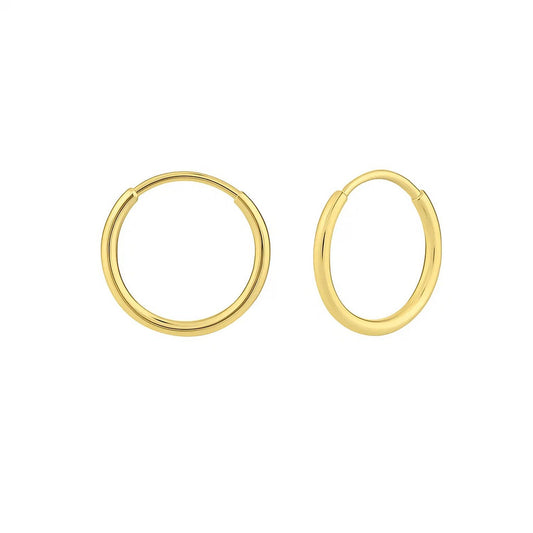 Savannah Lane Jewelry 10K yellow gold mini endless hoop earrings, front and side view, white background – gifts for her