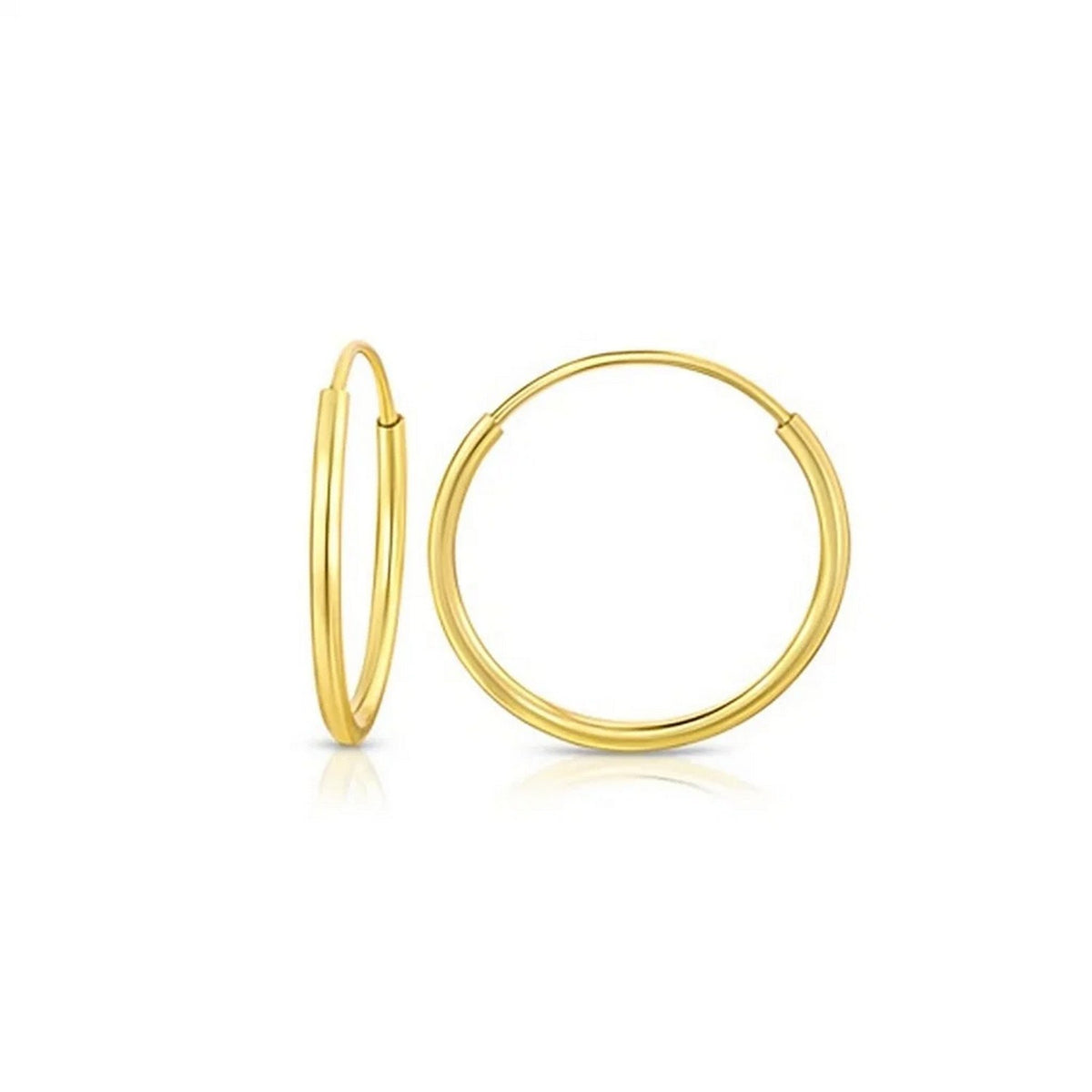 Savannah Lane Jewelry 10K yellow gold mini endless hoop earrings pair, angled studio view, 3/8 inch diameter – gold hoop earrings for women