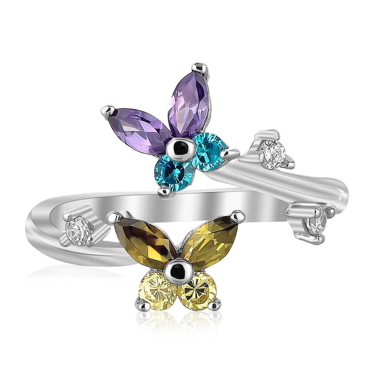 Dual butterfly open toe ring in 925 sterling silver with multi-color cubic zirconia