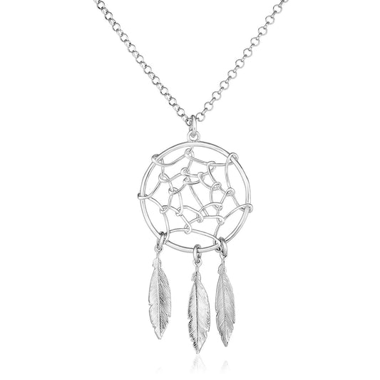  Dream catcher pendant with three feather charms on rolo chain