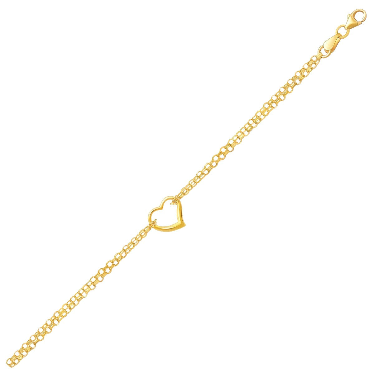 10K Yellow Gold Double Rolo Chain Anklet with Open Heart Station
