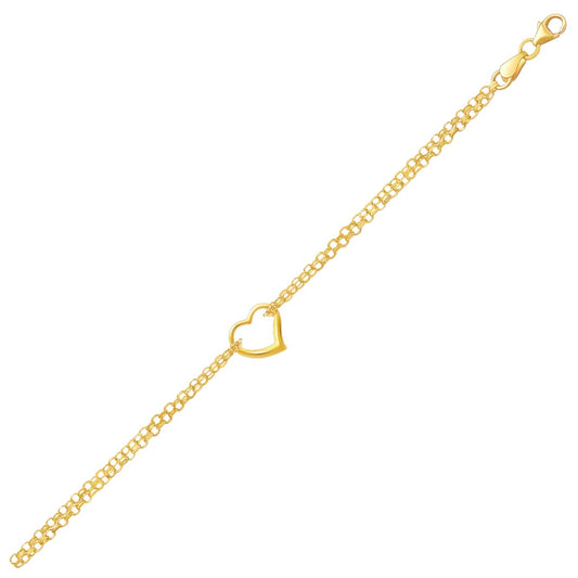 10K Yellow Gold Double Rolo Chain Anklet with Open Heart Station