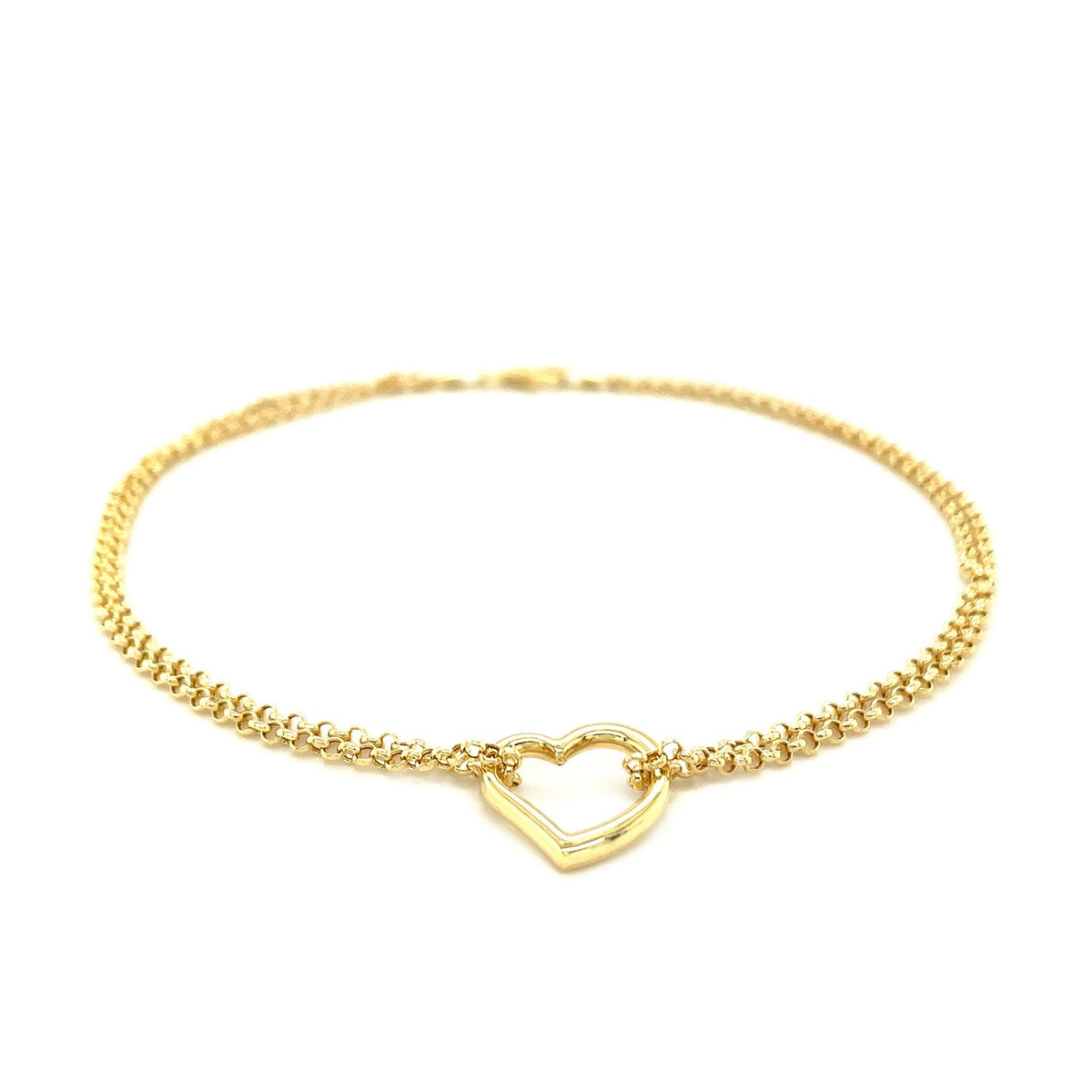 10K Yellow Gold Double Rolo Chain Anklet with Open Heart Station
