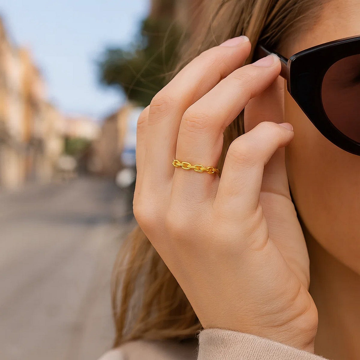 14K gold oval links stackable ring worn, gifts for her