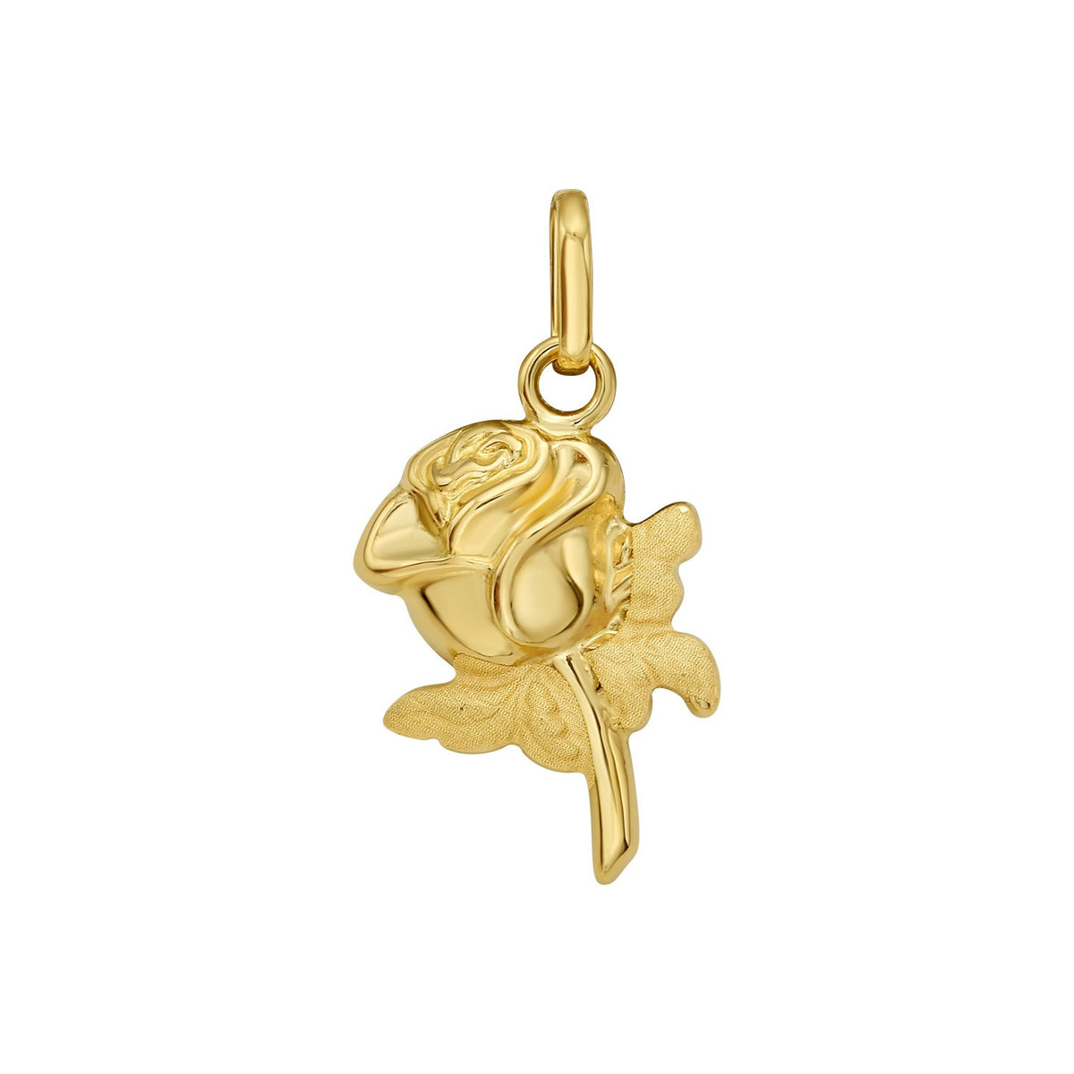 14K yellow gold rose charm pendant, polished gold petals and stem detail