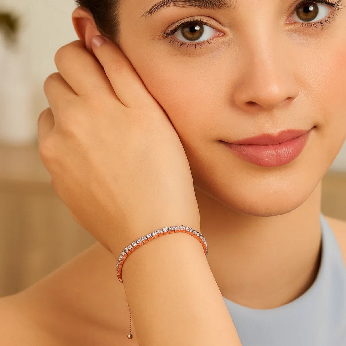 Woman wearing adjustable CZ tennis bracelet in sterling silver, gifts for her