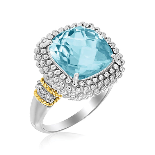 Savannah Lane Jewelry 18k yellow gold and sterling silver popcorn ring with cushion-cut Sky Blue Topaz and diamonds