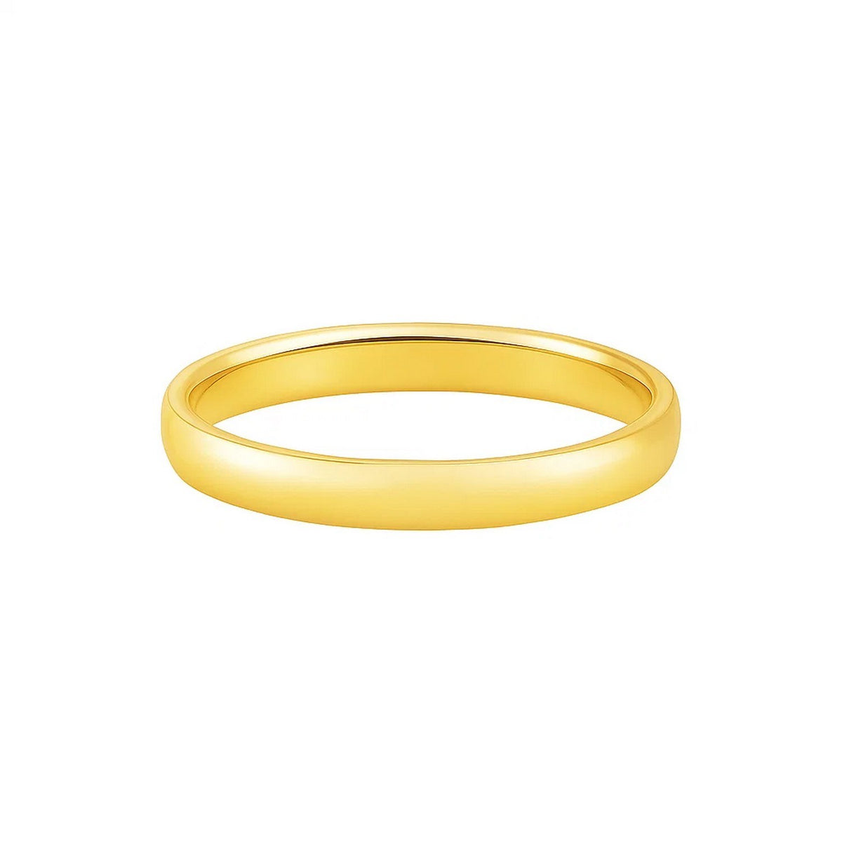 Close-up of 14K yellow gold 3mm comfort fit wedding band, smooth high gloss finish, fine gold bridal jewelry