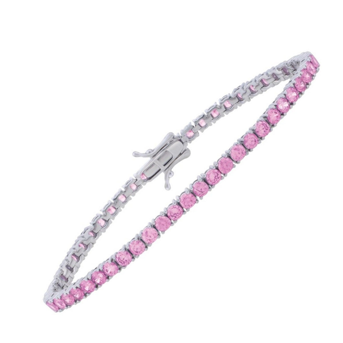 Pink CZ tennis bracelet in rhodium-plated 925 sterling silver, full length studio shot
