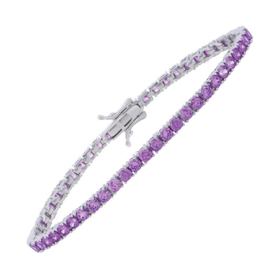 Sterling silver rhodium-plated purple CZ tennis bracelet, full length studio shot, white background