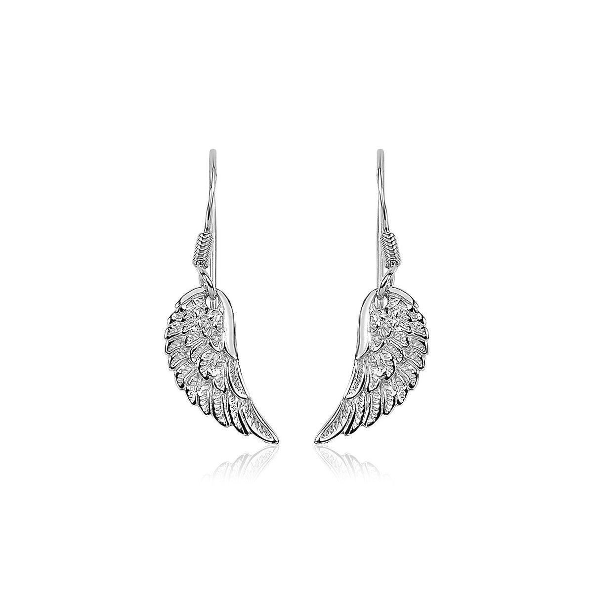 Sterling silver textured angel wing drop earrings, studio shot on white background