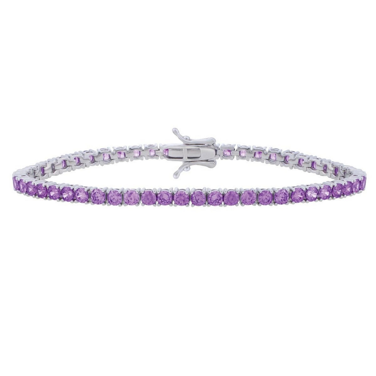 Sterling silver purple cubic zirconia tennis bracelet box clasp close-up detail