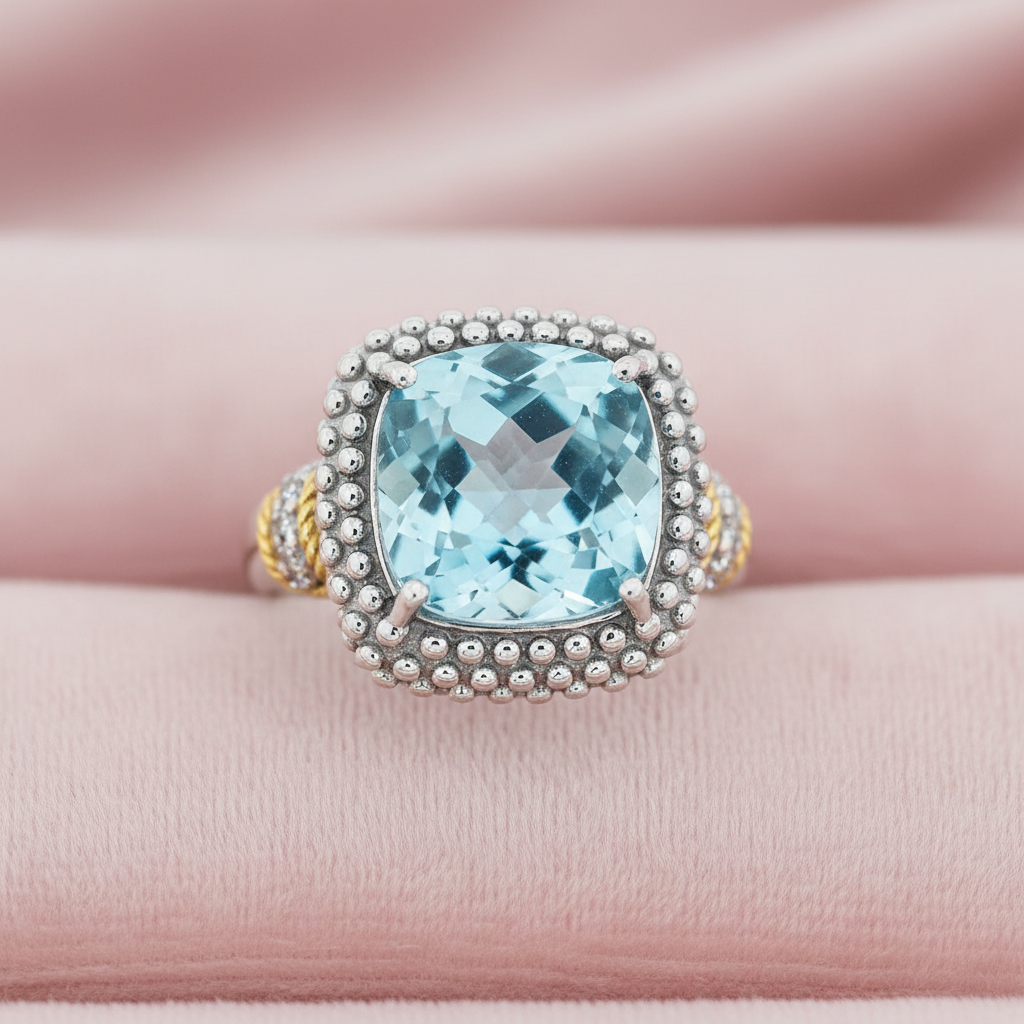 Top view of the cushion-cut sky blue topaz popcorn ring resting on pink velvet