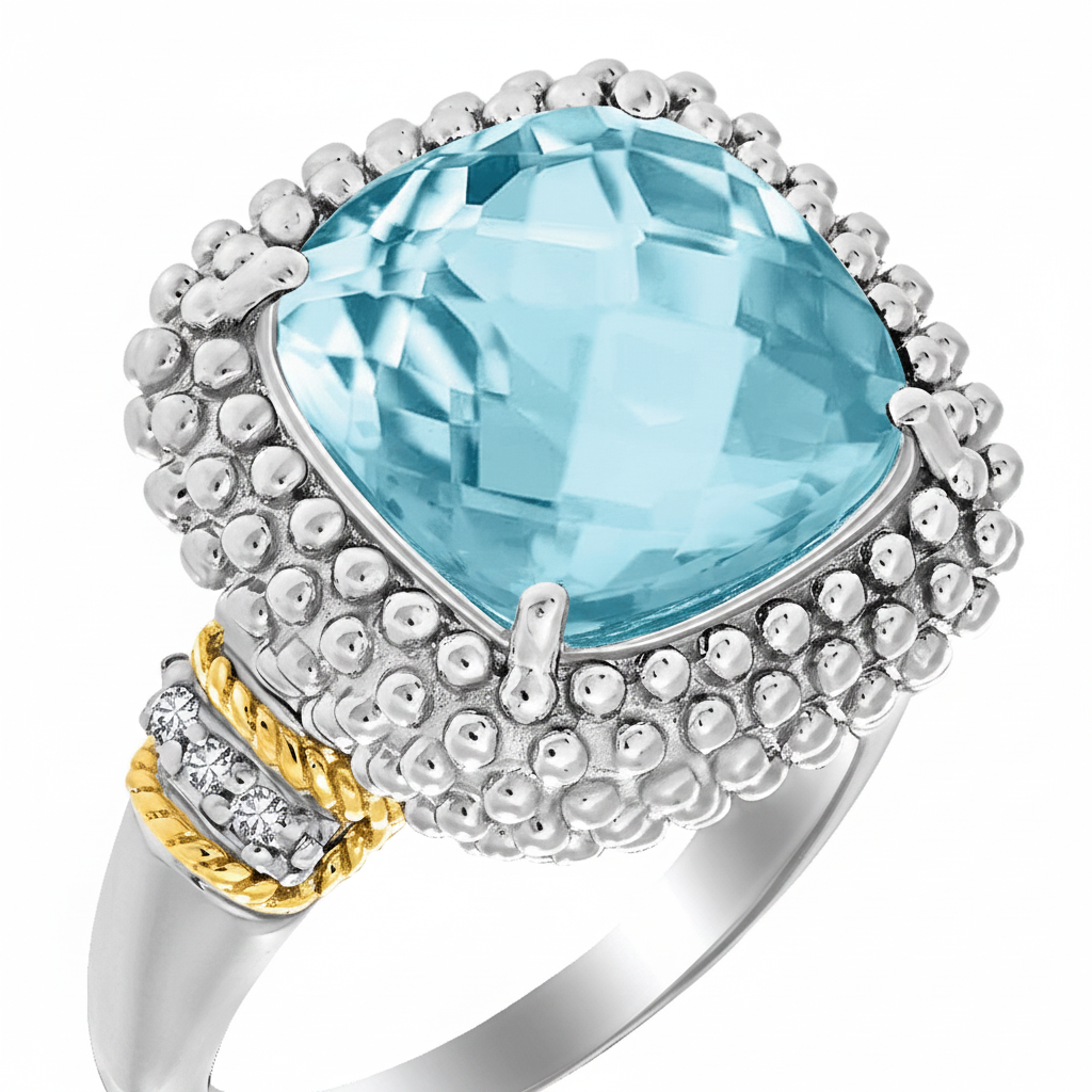 Detailed close-up showing the filigree gallery, backwork, and sterling silver setting of the blue topaz ring