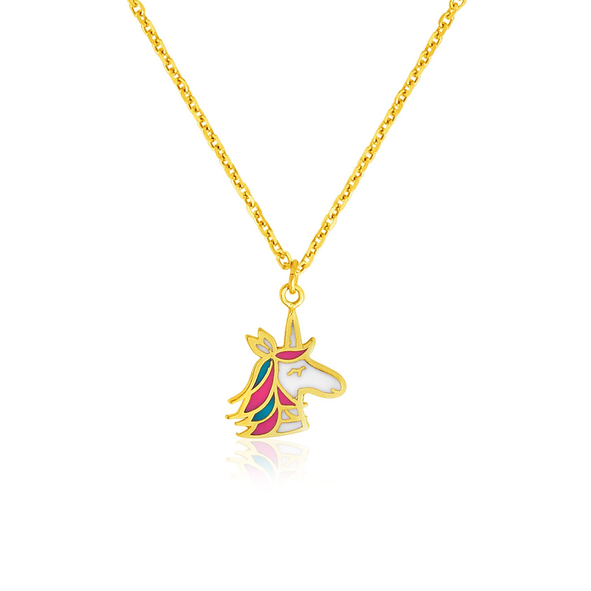 14K yellow gold enameled unicorn pendant necklace on white background⠋

