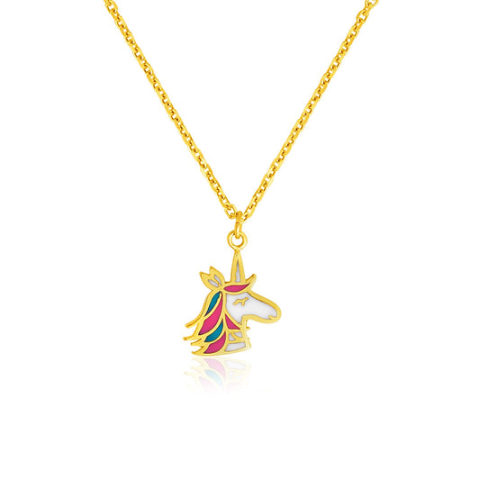 14K yellow gold enameled unicorn pendant necklace on white background⠋

