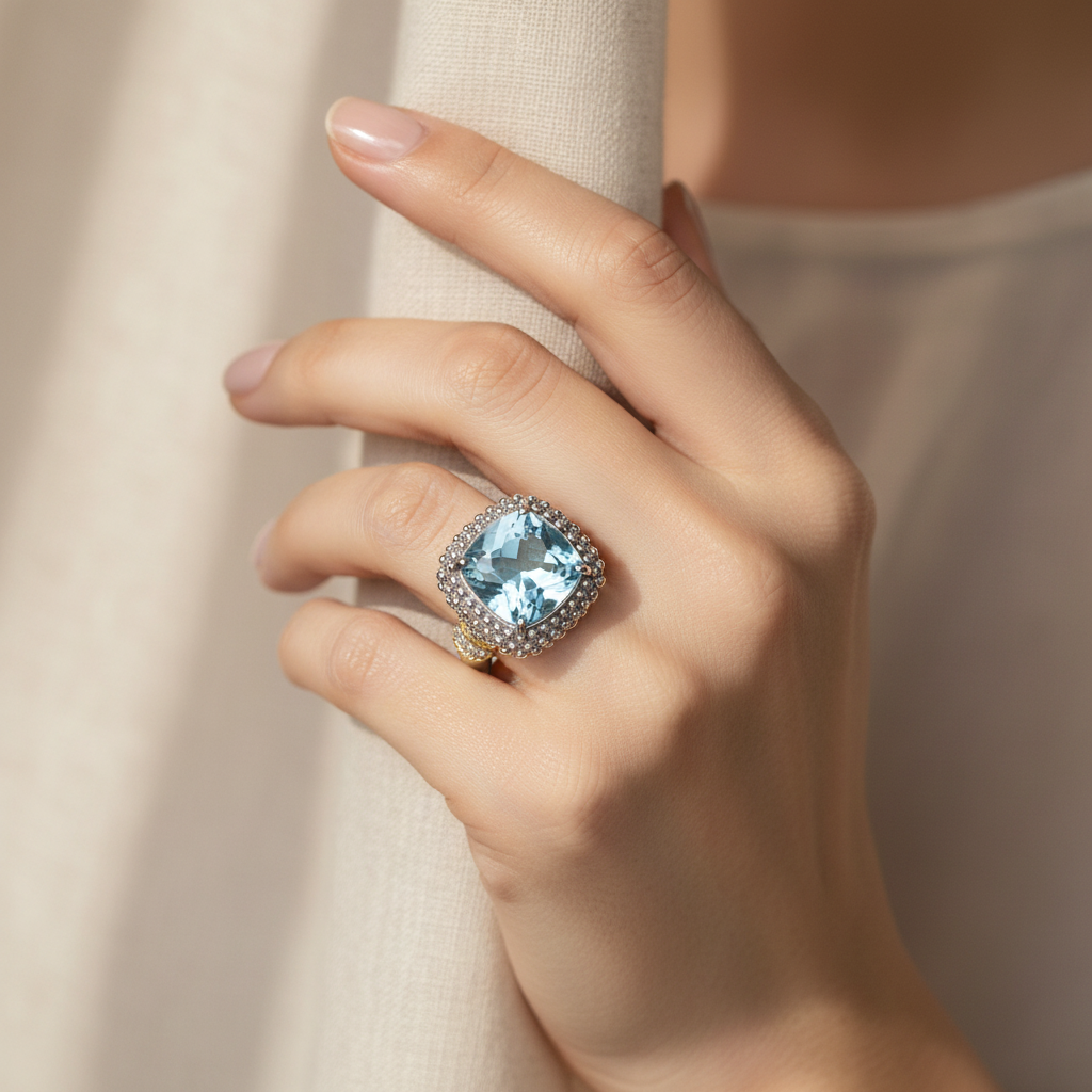 Two-tone sky blue topaz and diamond popcorn ring worn on a hand showing realistic scale